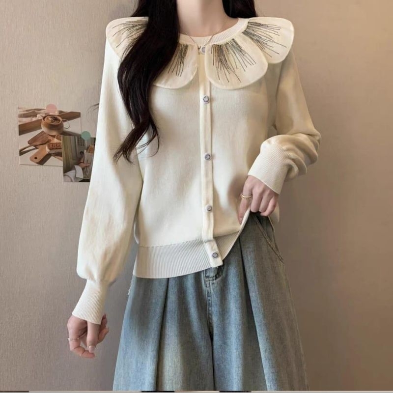 K2572 Atasan baju blus blouse kemeja knit knited rajut kerah cantik unik manis simpel simple elegan 