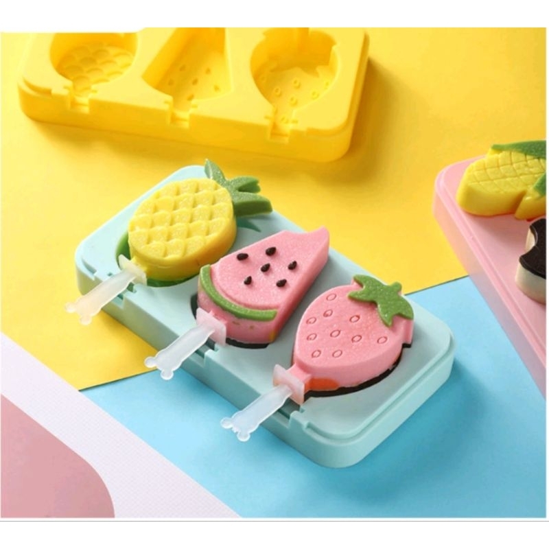 Cetakan EsKrim Silikon 3 Slot Stik BPA Free Cetakan Es Loli Es Cetakan Ice Cream