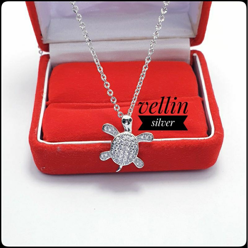Kalung Wanita Rantai Nori Ukir & Liontin Kura Kura Silver 925 Asli Lapis Emas Putih