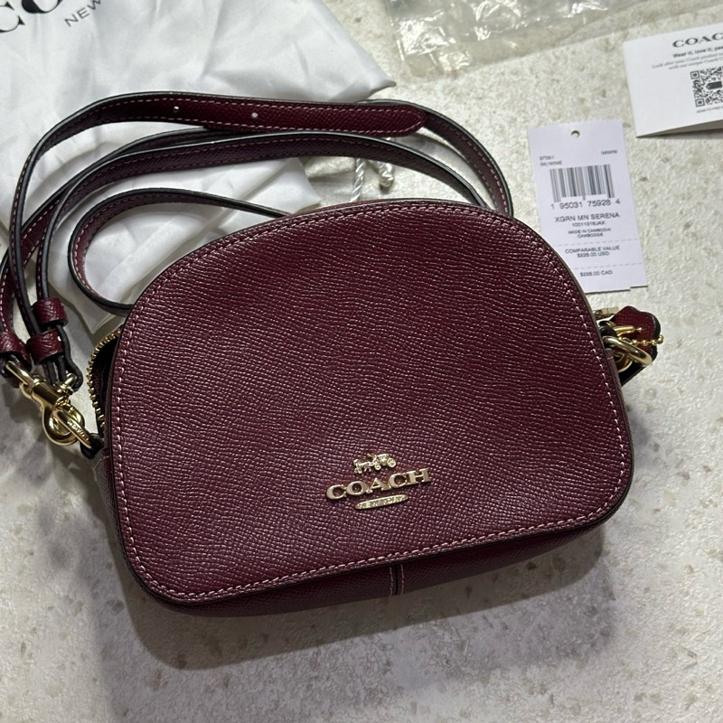 Coach Mini Serena Crossbody Wine Crossgrain Leather Bag.