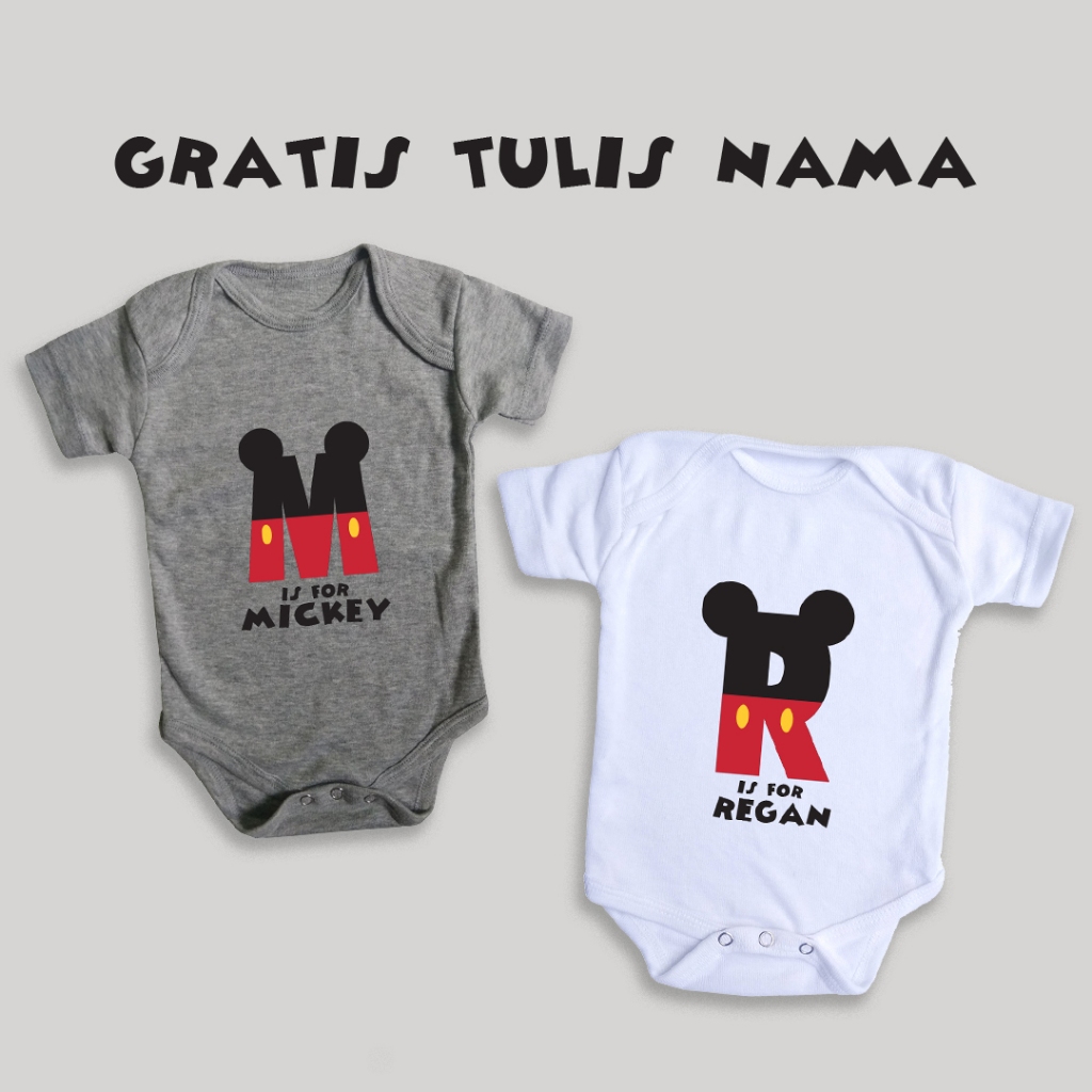 Baju Bayi Custom Nama - Baju Bayi Karakter - Baju Bayi Mickey Mouse  Inisial