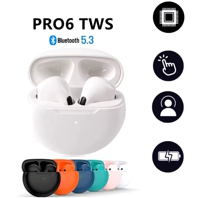 Pro 6 TWS Bluetooth Earphone Android With Mic Hifi Stereo Touch Earbuds Bluetooth Gamming