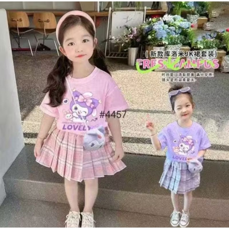 Set Rok Plisket Kuromi Anak Perempuan Import HONE BABY Free Tas Boneka 1-5 taun