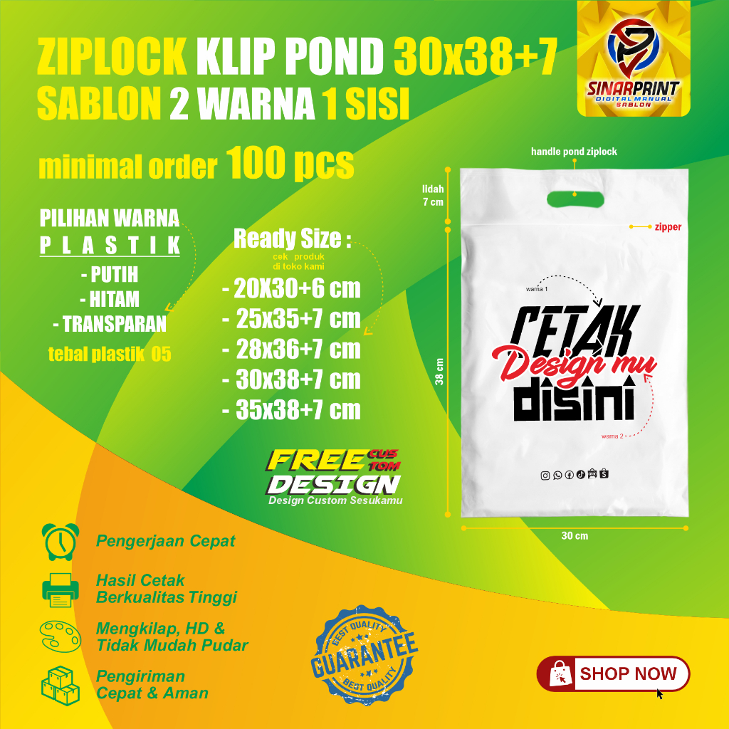 Sablon Plastik Ziplock Klip Pond 30x38+7 Plastik Olshop Distro Kemasan Packing Butik Pakaian Sepatu