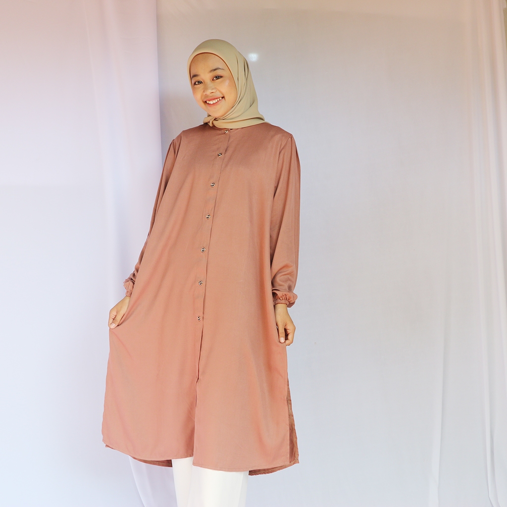 Tunik Rayon Twill  Polos Wanita Kekinian Warna Milo Full Kancing Depan