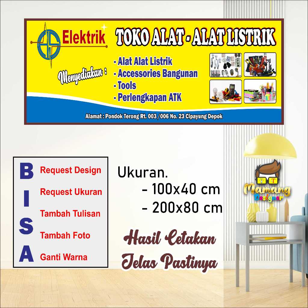 Cetak Banner Spanduk MMT Toko Alat Listrik dan Aksesoris Listrik Design Kuning Cerah bb