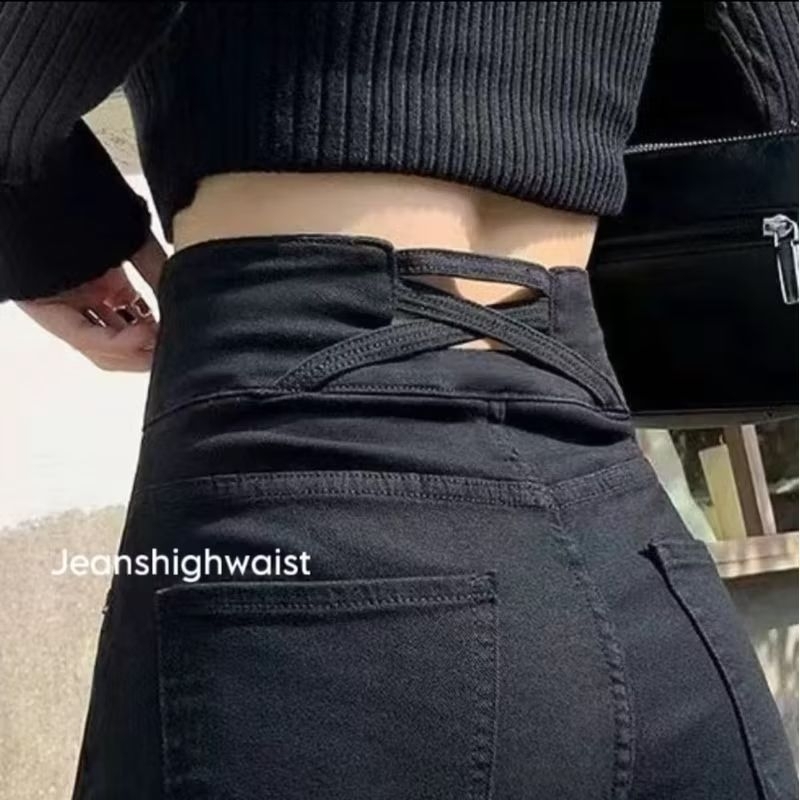 Boyfriend Silang X Celana Panjang High Waist Hitam Jeans Korea Jeans Wanita HW Hitam Kulot High Wais