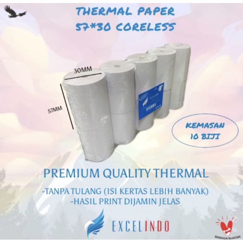 

(10 BIJI) Kertas Kasir Thermal EDC 57x30 CORELESS TANPA TULANG FULL KERTAS, KERTAS LEBIH BANYAK