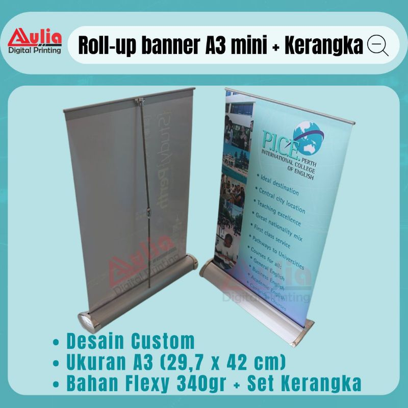 Mini Baner A3 Custom | Roll-up Flexy 340gr Mini | Rollup Flexi Full set Kerangka UK A3 297x420 mm / 