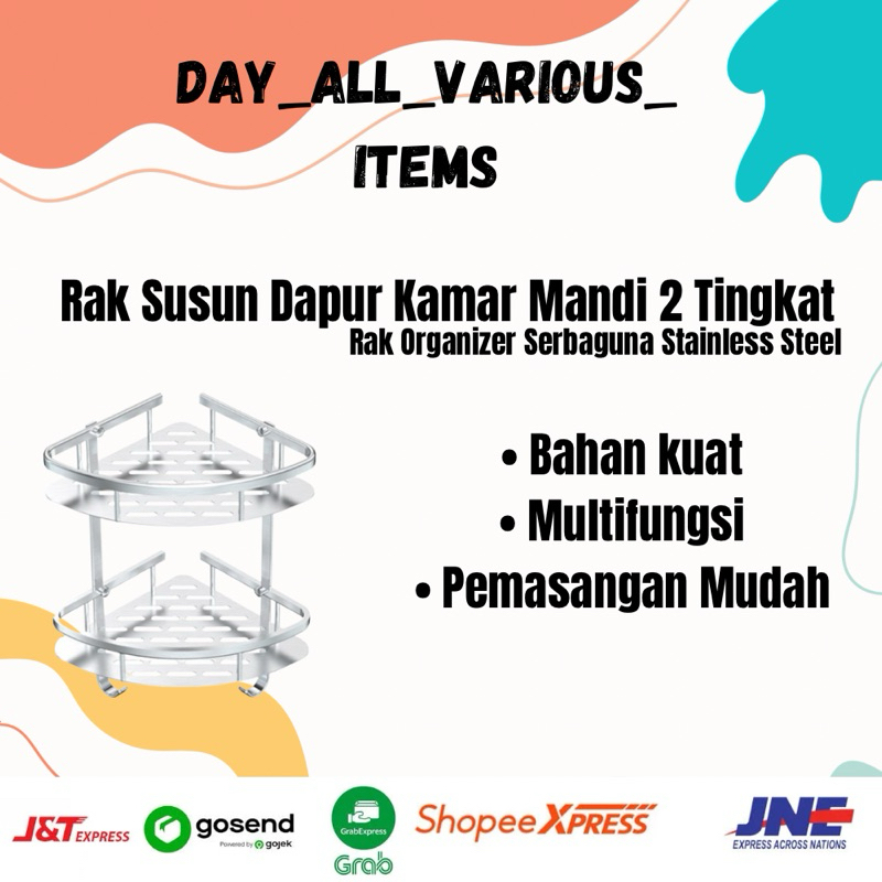 Rak Sudut Kamar Mandi Toilet Siku Dinding Aluminium 2 Susun Tempat Sabun Shampo
