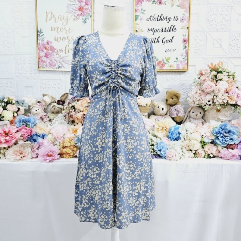 Dress biru bunga korea serut