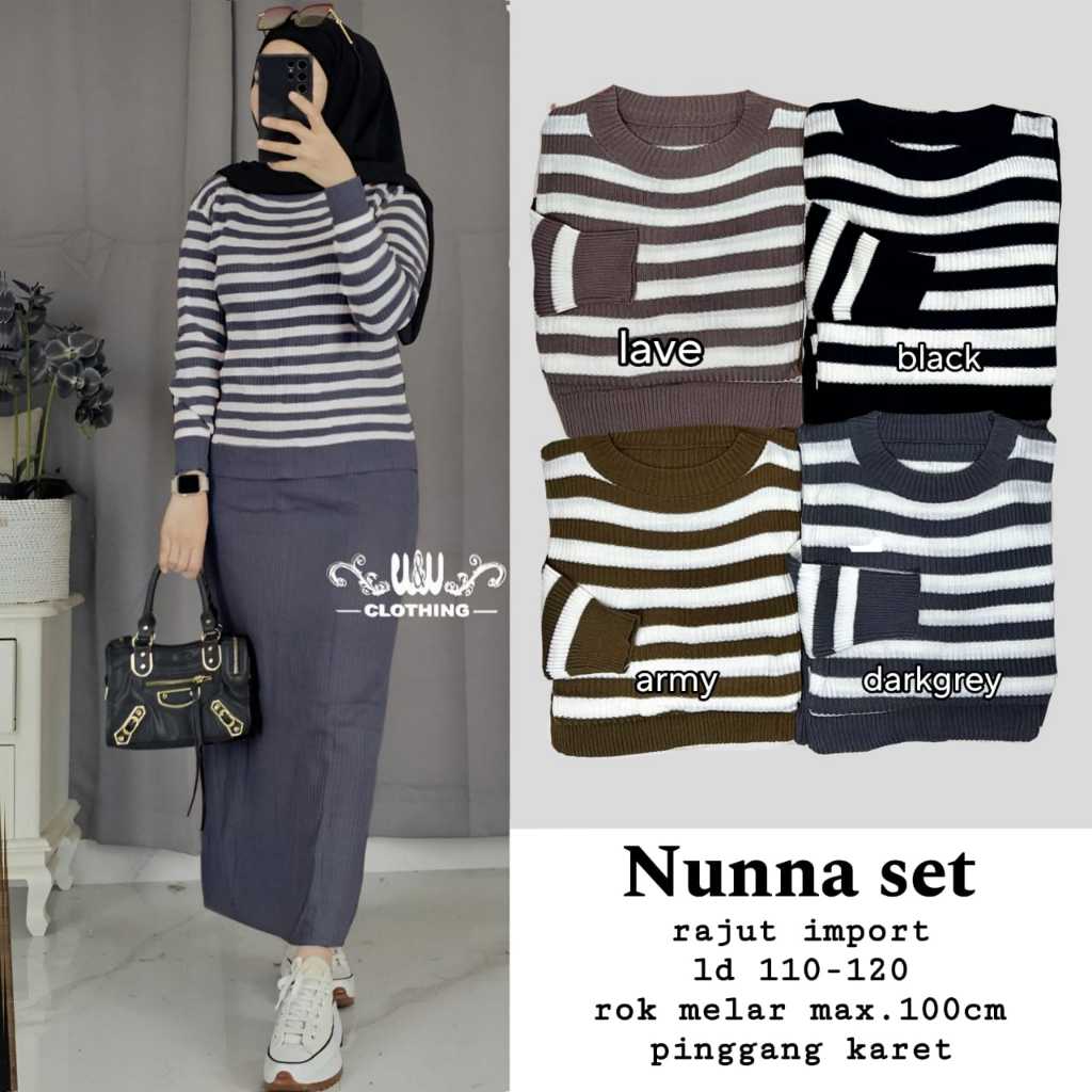 NUNNA SET SETELAN ROK WANITA KEKINIAN KNIT RAJUT IMPORT ONE SET JUMBO LD 120 MOTIF GARIS GARIS