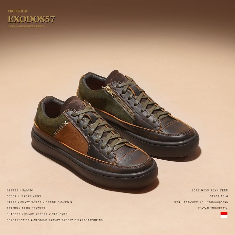 Exodos Saggio Brown Army - Sepatu Sneakers Kulit Pria Soleandjoy