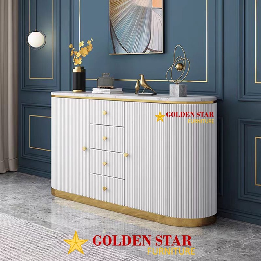 buffet credenza lemari TV rak Meja Konsul Putih list Gold Import Minimalis mas emas white XG 0098 Pr