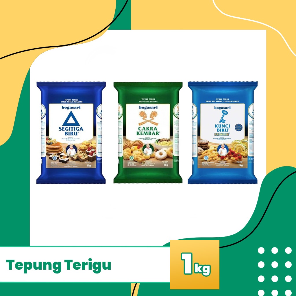 

Tepung Terigu Bogasari 1kg segitiga biru, kunci biru, cakra kembar
