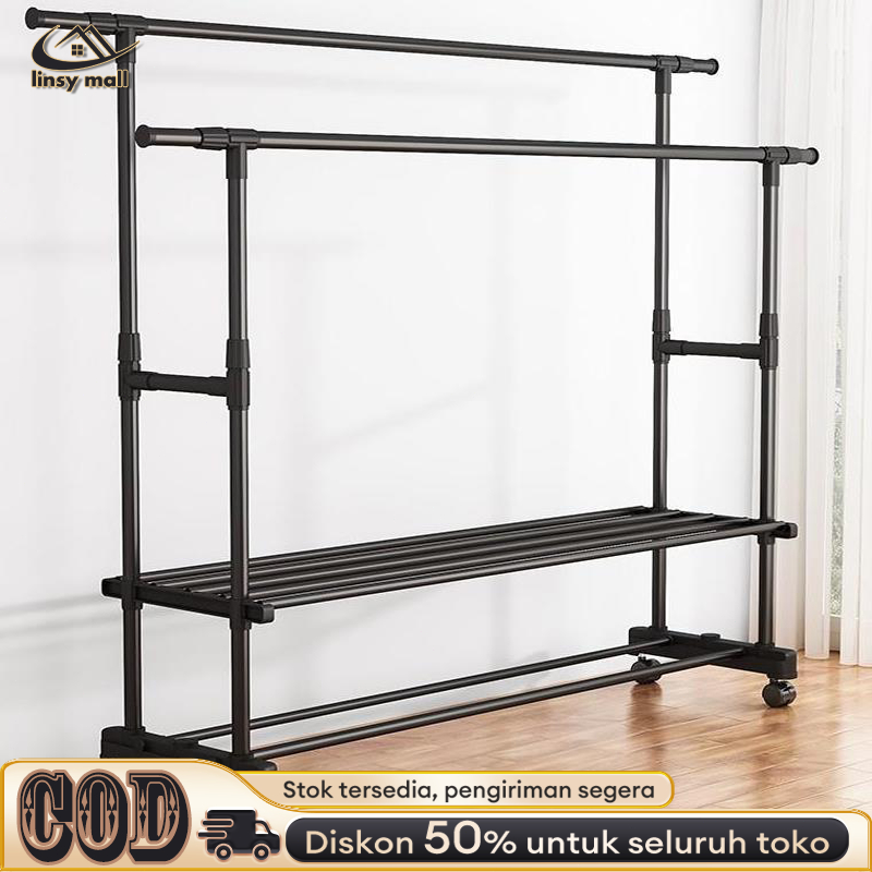 Stand Hanger Double Gantungan Baju Berdiri Rak Baju Serbaguna 2 Susun Dengan 4 Roda 150x40x155cm