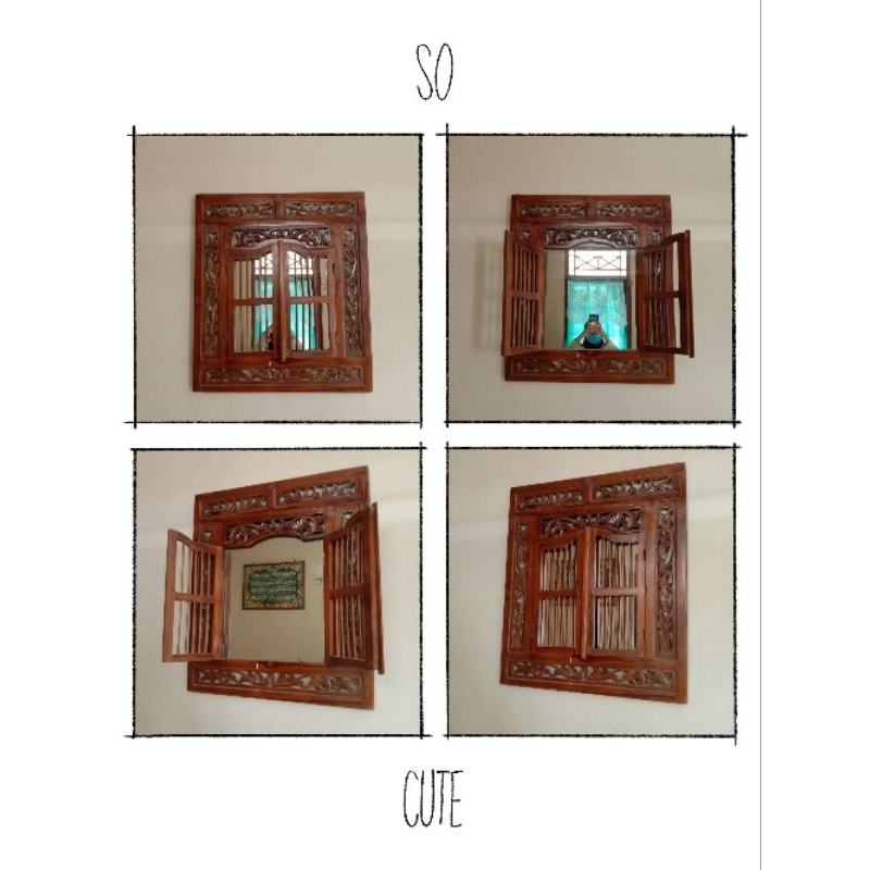 Jendela Figura Krepyak Jati Ukir + Kaca | Hiasan Dinding Kayu Jati + Kaca | Cermin Ukir Vermin Jati 