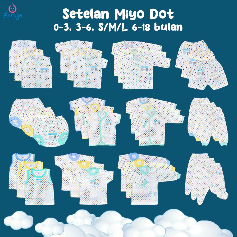 MIYO Polkadot 3 Pcs Baju Kutung Pendek Panjang Celana Pop Pendek Panjang Buka Kaki Tutup Kaki 0-3 3-