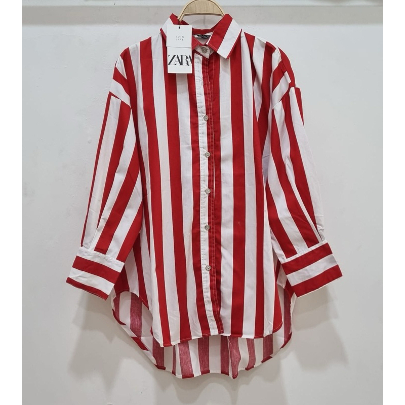 Best seller KEMEJA ZARA Salur MERAH PUTIH KATUN OVERSIZE PREMIUM