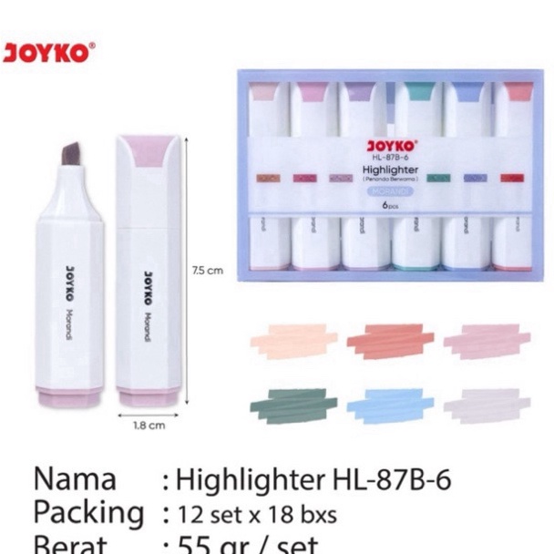 

KODE X78Y 1 set 6 pcs Joyko Highlighter HL87B6 Penanda Berwarna Morandi isi 6 warna