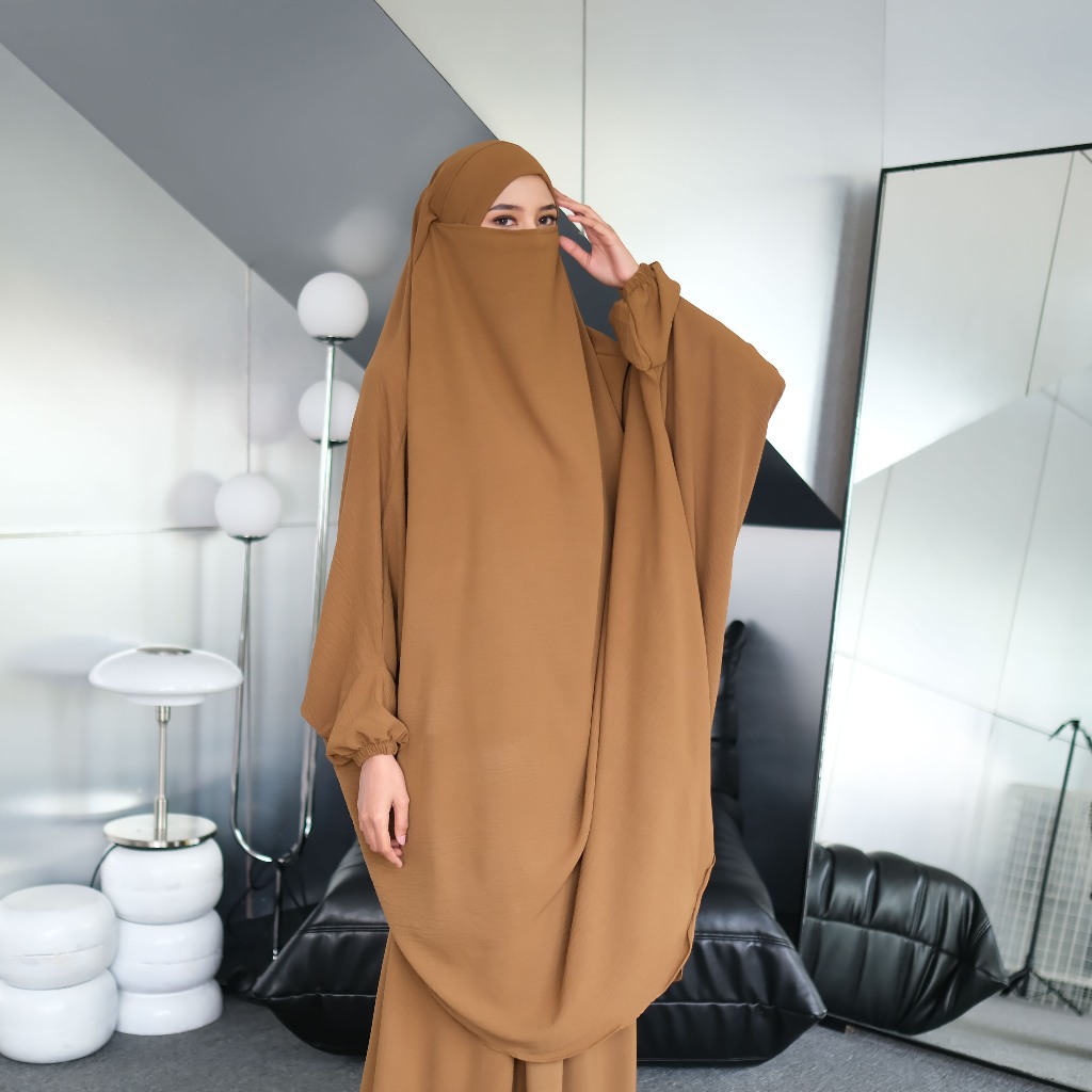 One Set Baju Gamis Syari Wanita Terbaru French Khimar Set Rok Jumbo Crinkle Airflow