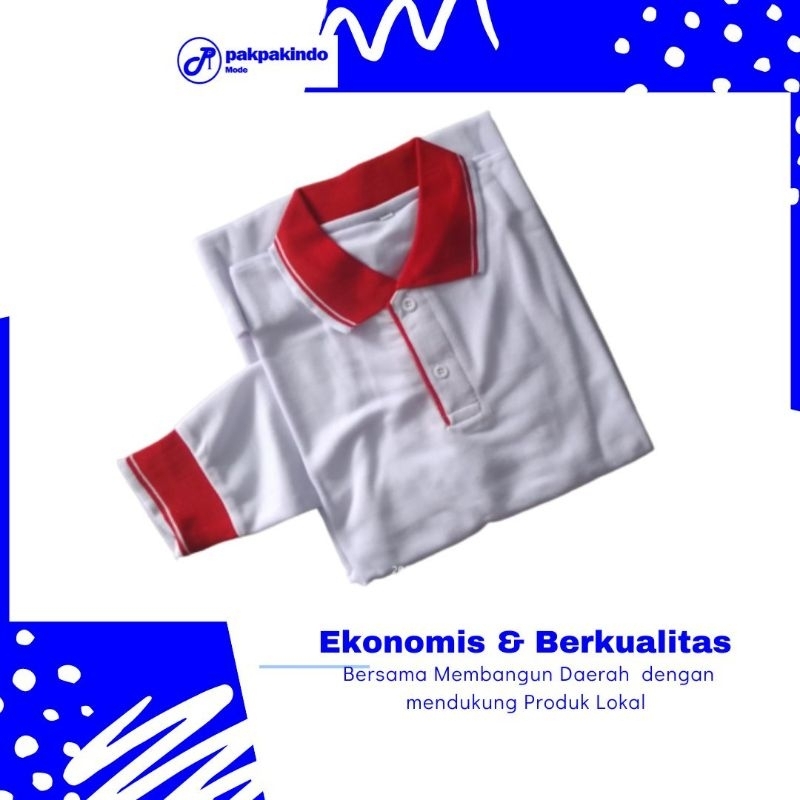 BAJU KAOS POLO POLOS PUTIH KERAH MERAH CABE LENGAN PANJANG PRIA WANITA TERBAIK KEMERDEKAAN HUT RI