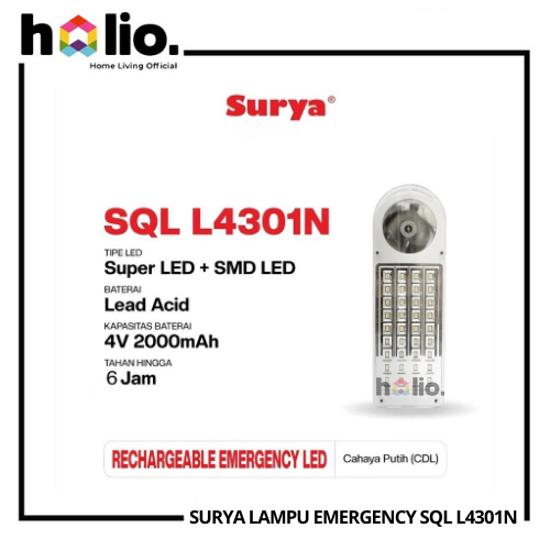 Holio SURYA Senter Super LED 0.5W + Lampu Emergency 36 SMD LED SQL L4301N / L 4301 N 4V 2000mAh Taha