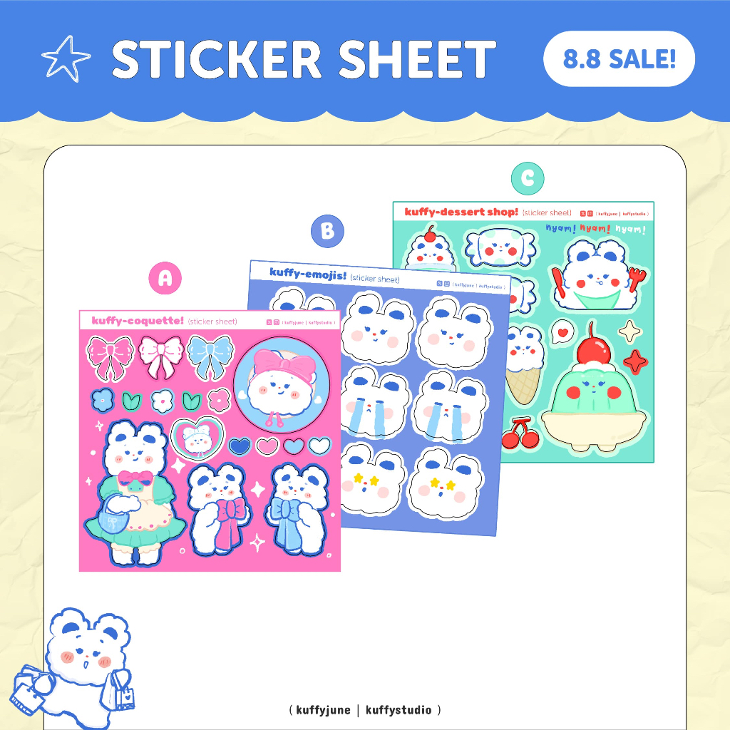 

Kuffy Original Character Cloud, Ribbon, Pudding Deco Sticker Sheet [Blue, Pink, Green]