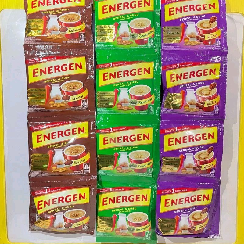 

Energen Rasa Vanilla/Coklat/Kacang hijau/Kurma 1 Renceng Isi 10 Sachet