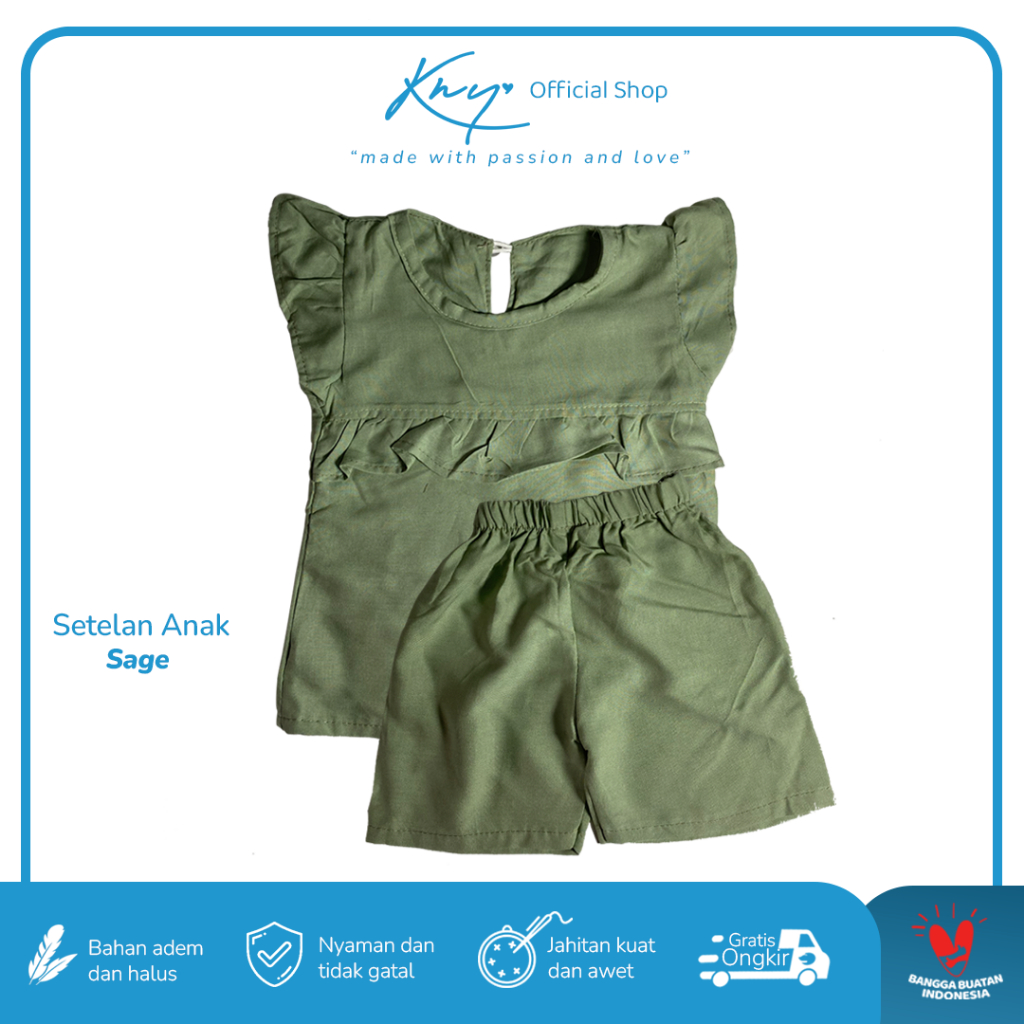 KNY - Baju Anak Perempuan Setelan One Set Pendek Adem Awet - Sage (Untuk Anak Usia 1 - 5 Tahun)