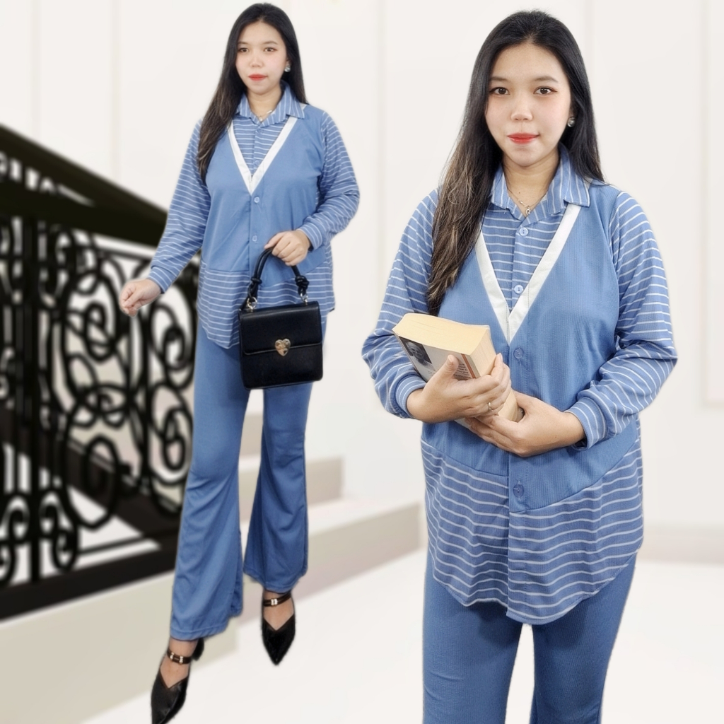 Setelan oneset wanita dewasa | set kemeja rompi garis salur celana cutbray bahan knit | set wanita k
