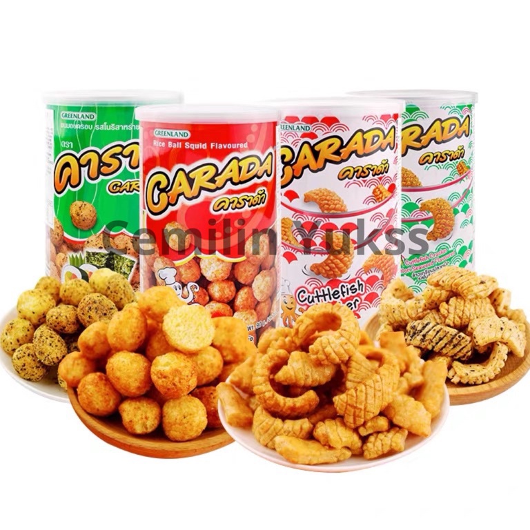 

Masih fresh Carada Rice Ball Squid Snack 9g Jar Carada Cuttle Fish Cracker Nori 11g Snack Thailand