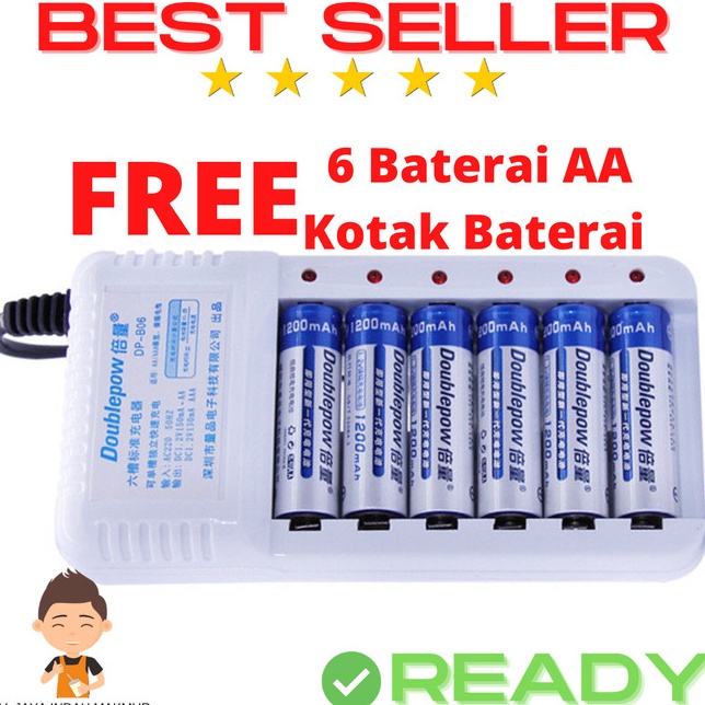Terbaik DOUBLEPOW Charger Casan FREE 6 Baterai AA Rechargeable 12mAh Charge  TANPA BATTERY