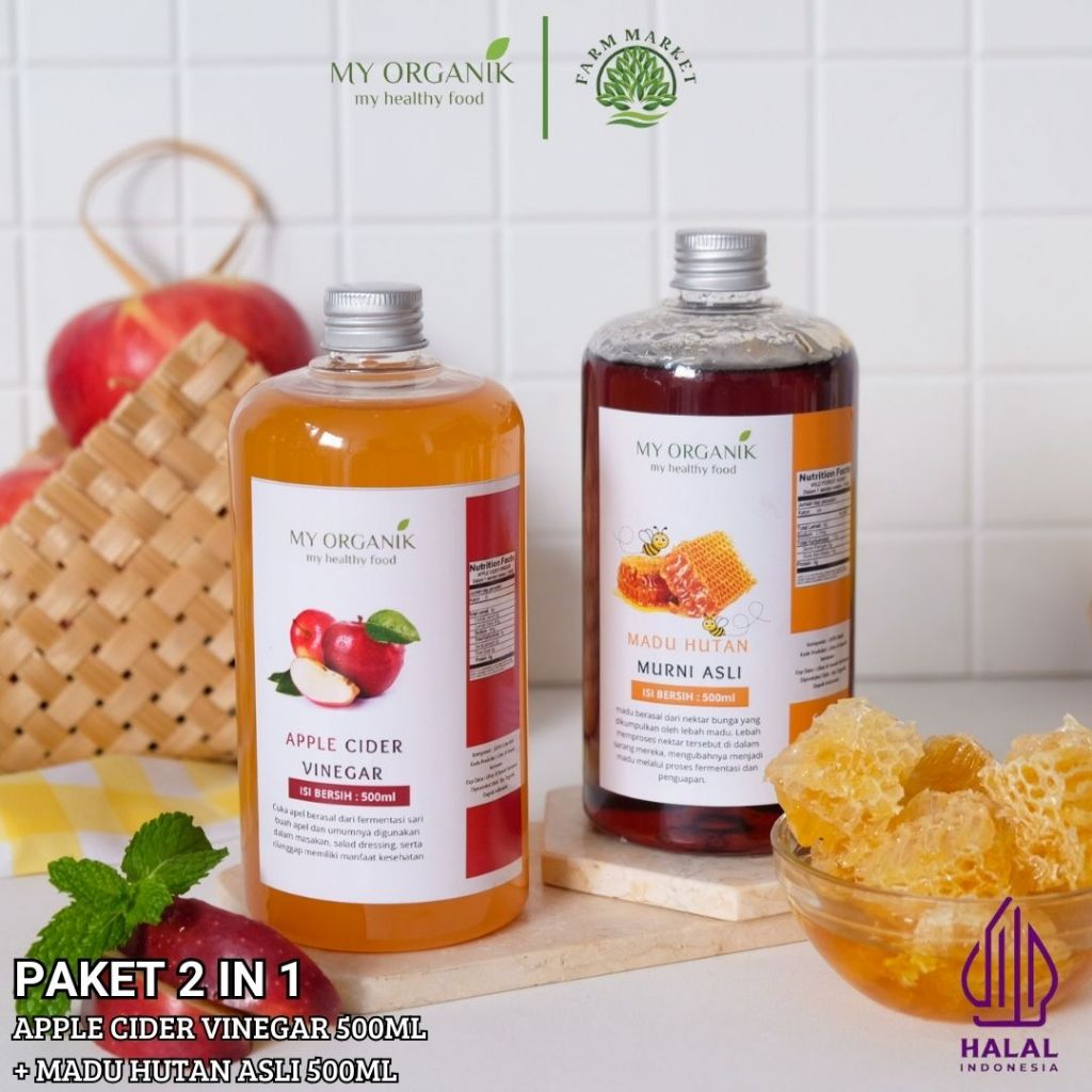 

My Organik Paket 2 in 1 Cuka apel with mother organik Apple Vinegar with Mother Organic Madu 500ml