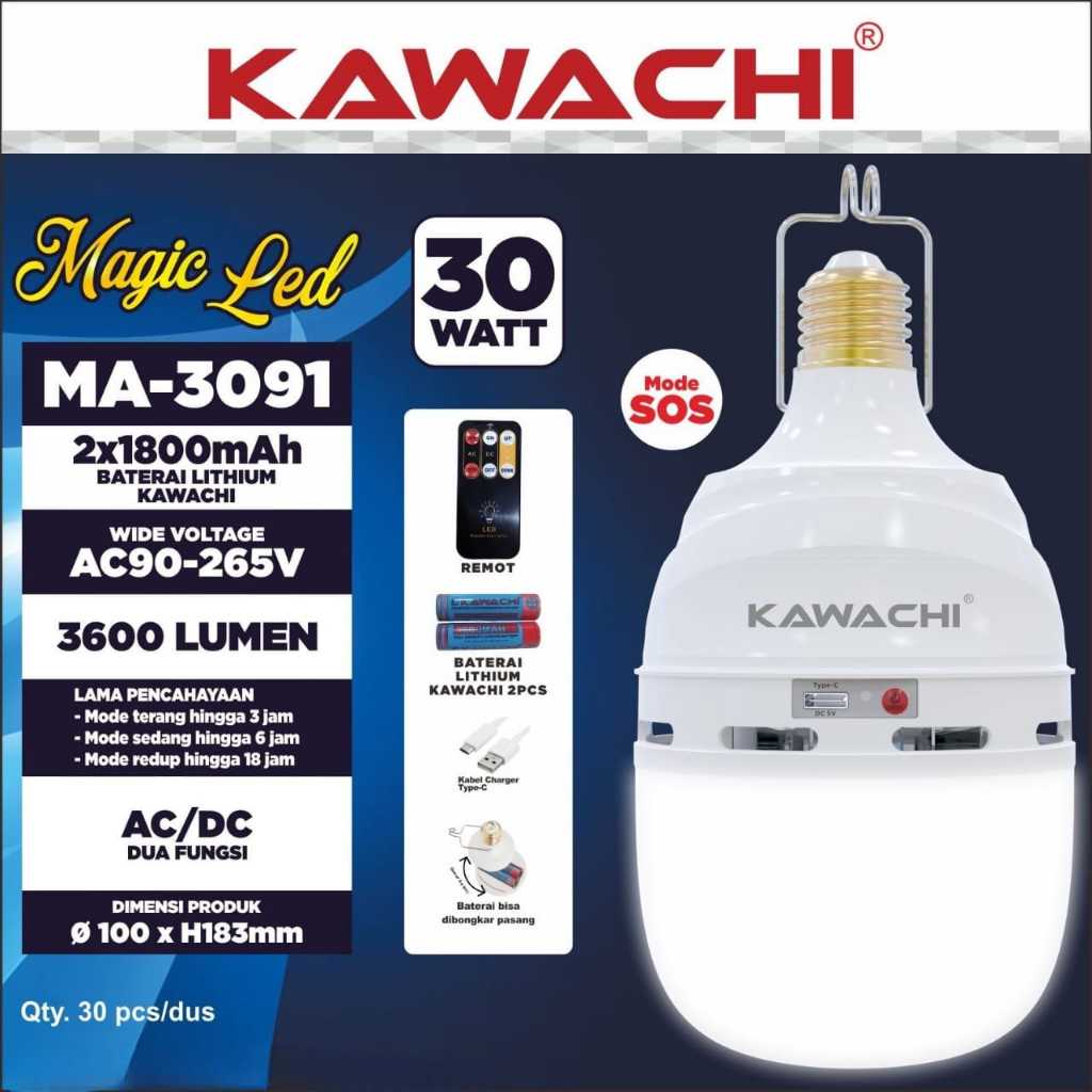 LAMPU MAGIC LED KAWACHI 30WATT MA-3091 AC/DC DENGAN REMOTE CONTROL - BATERAI 18650 2PCS BISA LEPAS P