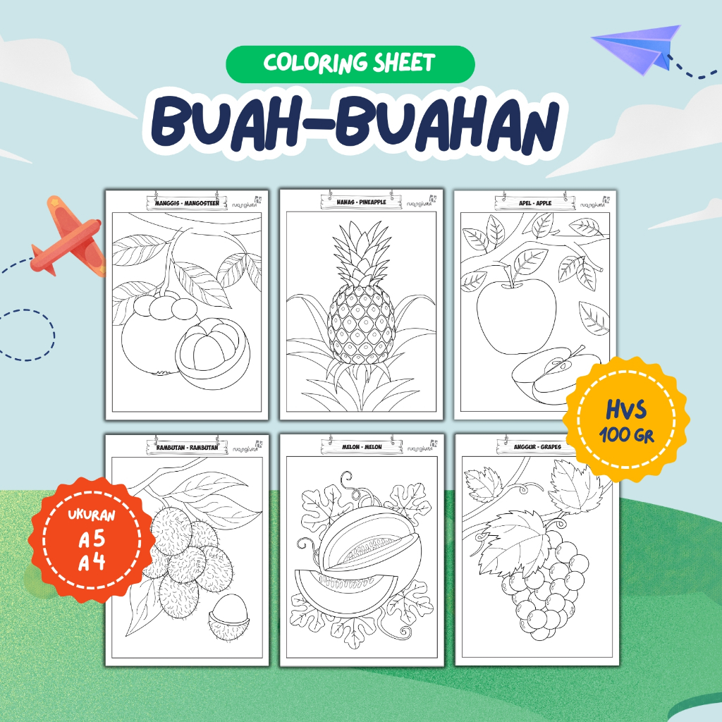 

Lembar Mewarnai/Kertas Mewarnai/Coloring Sheet - Tema Buah-buahan - Ukuran A4 & A5 - Kertas HVS Tebal 100 gram