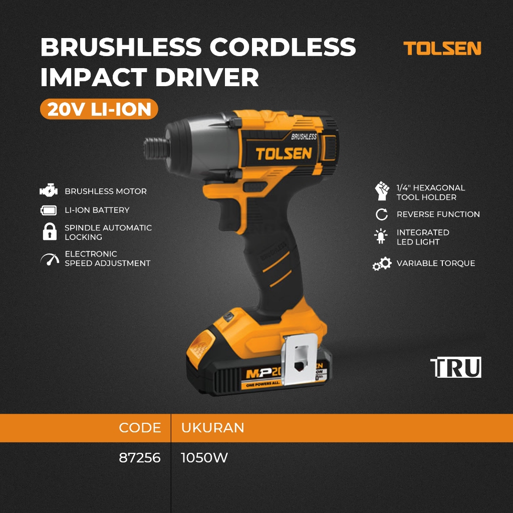 TOLSEN 20V Li-Ion Brushless Cordless Impact Driver Pembuka Baut Baterai  87256