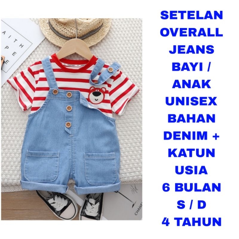 WK SETELAN OVERALL JEANS BAYI ANAK LAKI PEREMPUAN BAJU KODOK JUMPSUIT DENIM KAOS KATUN