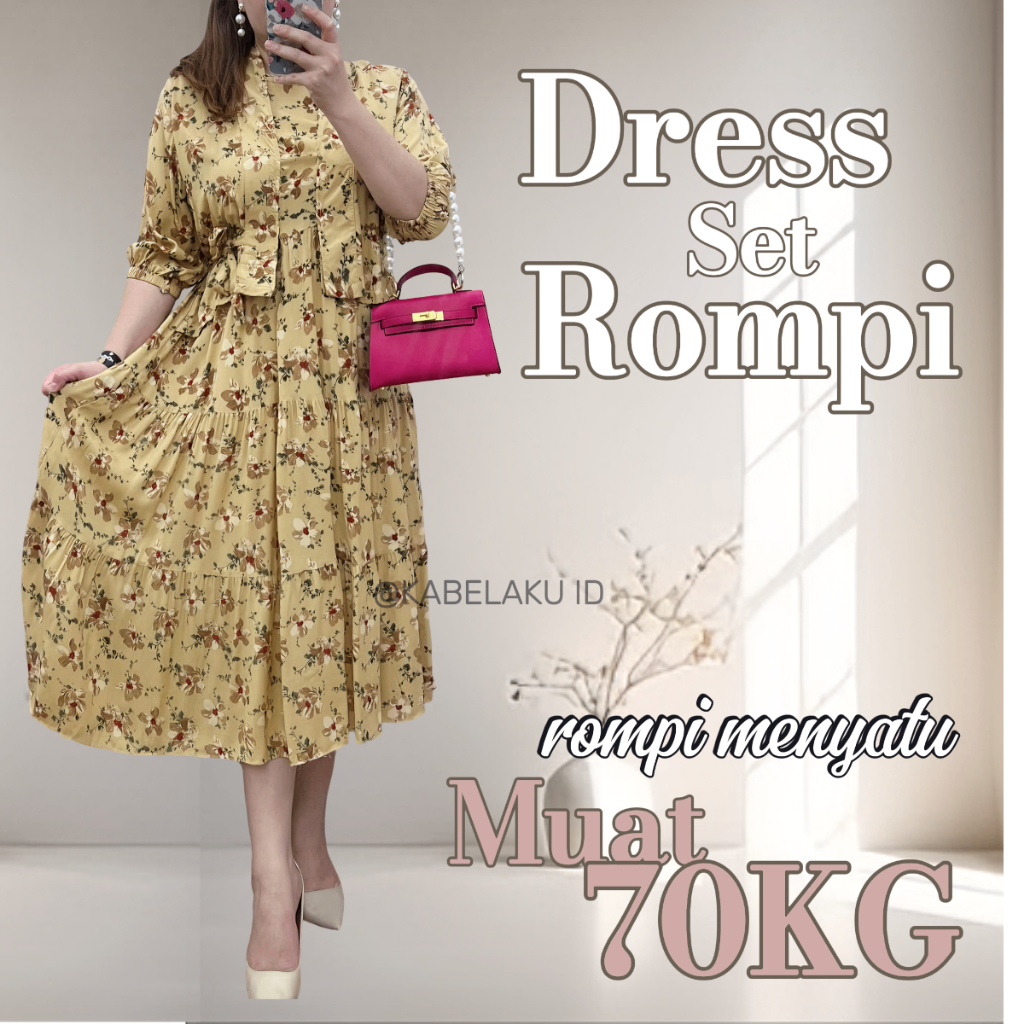 DRESS SET MIDI KOREA STYLE MOTIF BUNGA DRES + ROMPI FLORAL WANITA PREMIUM
