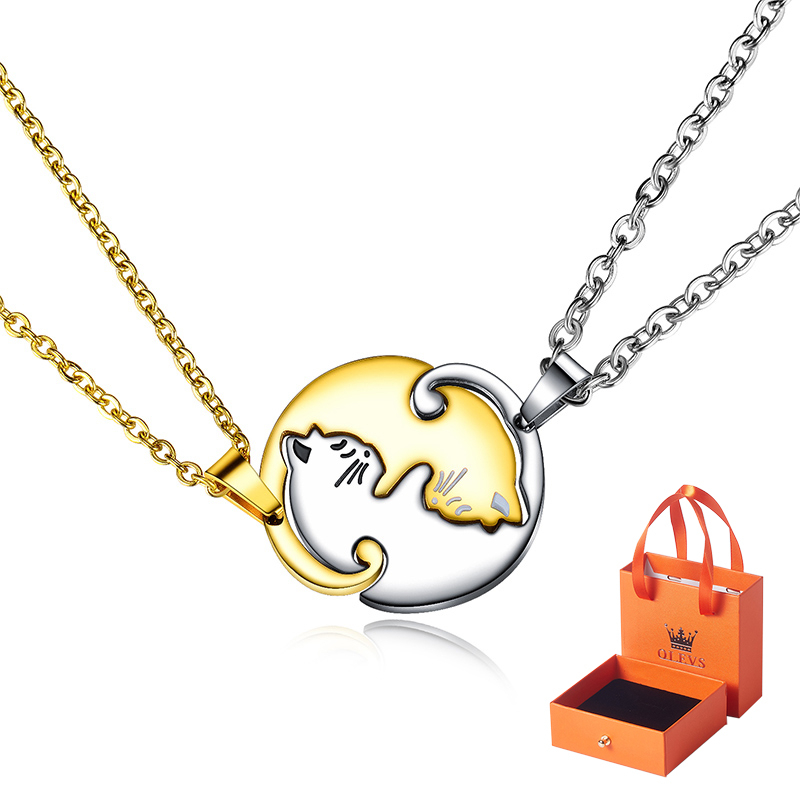 OLEVS Kalung Titanium Couple Pria Wanita Anti Karat Bentuk Kitten Necklace Liontin korea Aesthetic