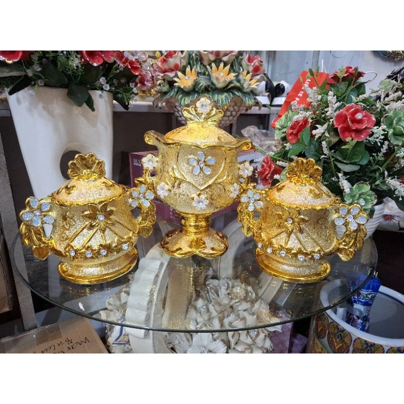 toples keramik gold mewah/pajangan keramik toples untuk meja kaca/lemari hias