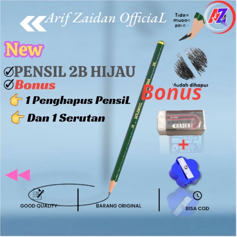 

PensiL 2B body Hijau Bonus 1 penghapus dan 1 serutan
