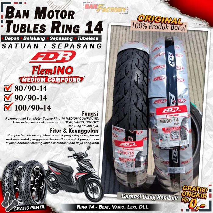 Ban Motor FDR FLEMINO Ring 14 Ban Tubles Depan Belakang Motor Matic Beat Vario Scoopy Ring 14 Tubles
