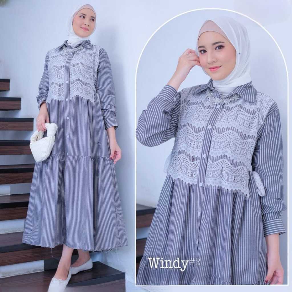 Windy Midi Dress Katun Salur GGamis Lebaran 2024 Model Gamis Terbaru Baju Kondangan Wanita Kekinian