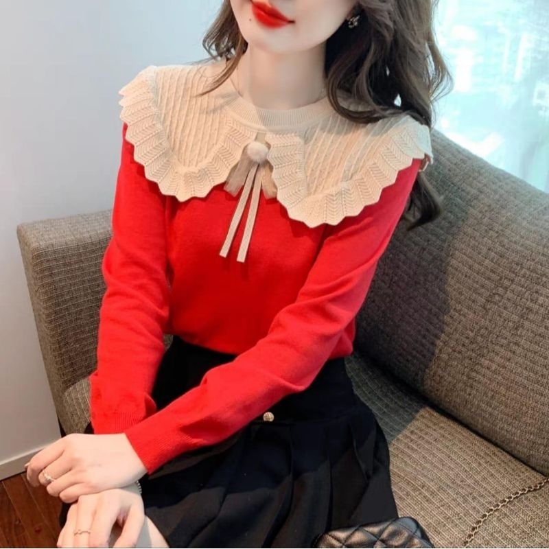 K2372 Dariana Big Collar Knit Top Blus rajut import baju wanita Kerah lebar