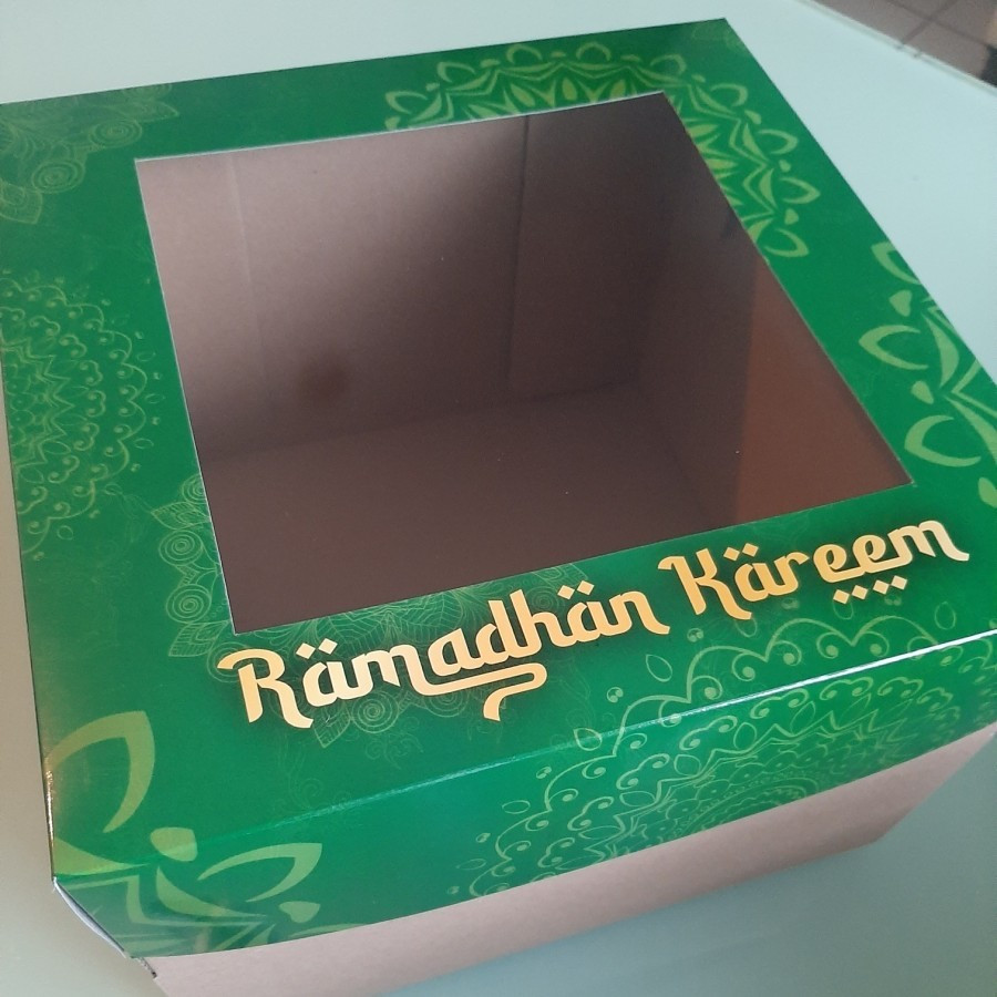 

(5 Pcs)Dus Mika Puding Marmer Kotak Kue Brownies Box Roti Bolu Pandan Motif Lebaran Hijau 22x22 Cm