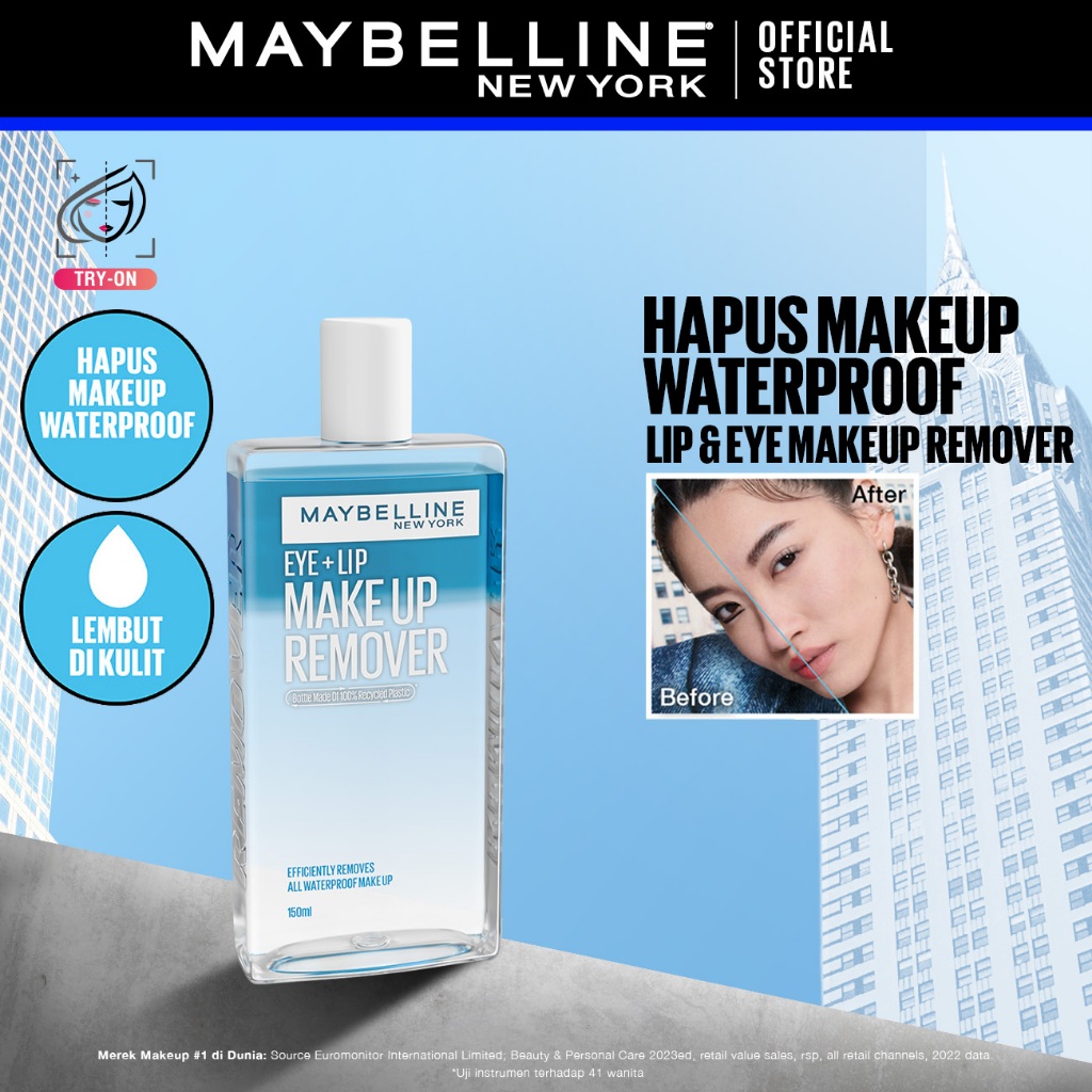 MAYBELLINE OFFICIAL Lip & Eye Makeup Remover - 70/150 ml | Mudah Hapus Make Up Waterproof Cocok Untu