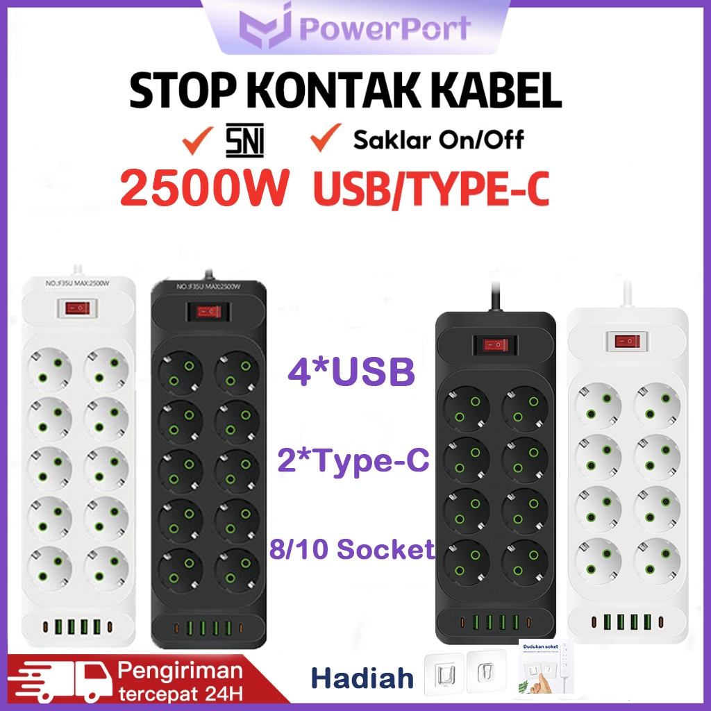 [Garansi dua tahun] PowerPort 2500W Power Strip Power Socket Stop Kontak colokan usb stop kontak