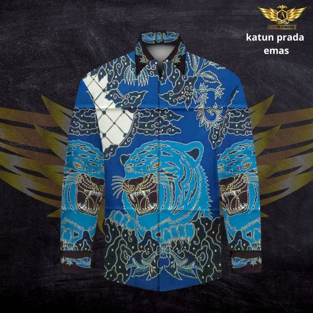 KATUN TULIS POLA PRADA TINTA EMAS MOTIF 15 BAHAN KAIN BATIK TULIS HARIMAU MACAN BIRU