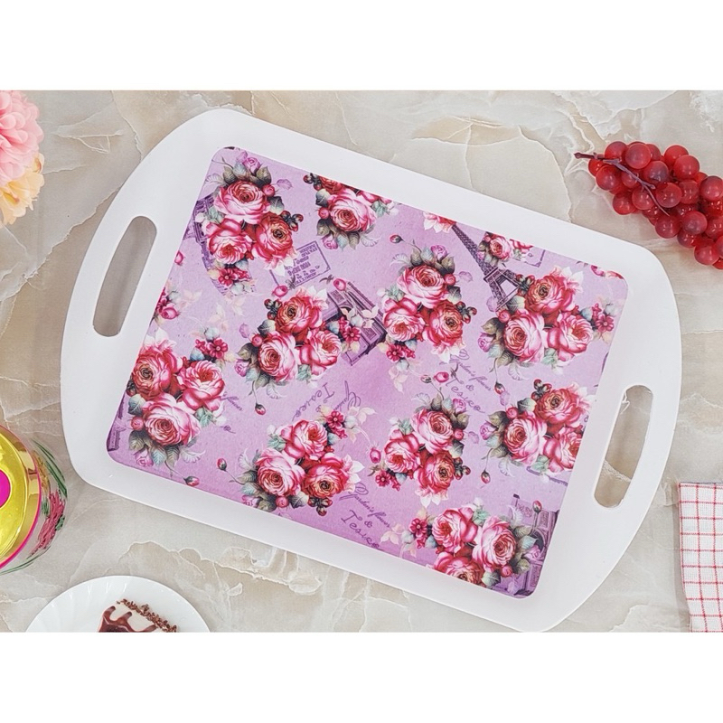 Nampan baki Bulat segi pegangan motif bunga bahan plastik/Baki Bulat segi plastik